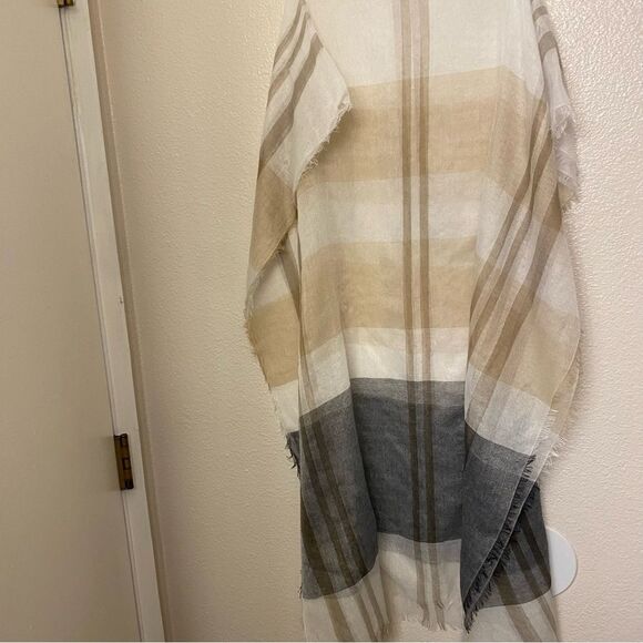Tan beige gray plaid gauze semi sheer lightweight muslin scarf wrap 80x32 - Picture 2 of 8